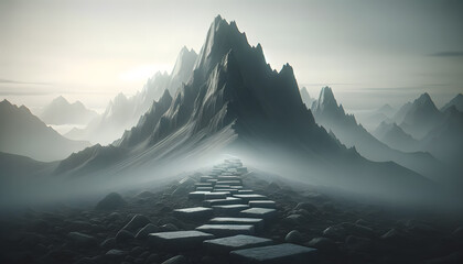 Steep mountain peak, its summit shrouded in mist, symbolizing the lofty - obrazy, fototapety, plakaty