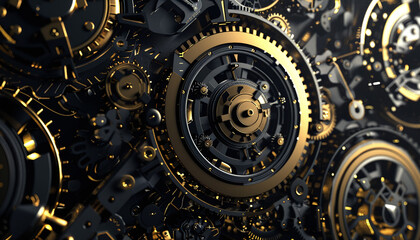 An intricate, steampunk-style gear mechanism with interlocking cogs and gears.
