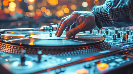 DJ Mixing on Turntable at a Nightclub.