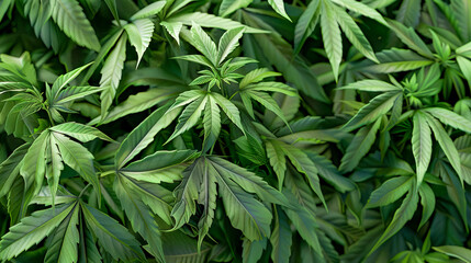 Lush Cannabis Plant Foliage Background. - obrazy, fototapety, plakaty