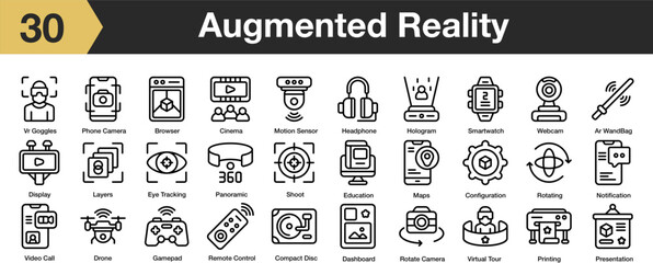 Set of 30 Augmented Reality icon element sets. Includes Virtual Reality, View, Cctv, Headphone, and More. Outline icons vector collection.