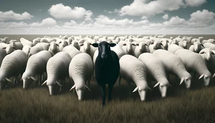 Fotobehang A singular, striking black sheep among a flock of white sheep, standing out in a vast, open field under a clear sky. © KeetaKawee