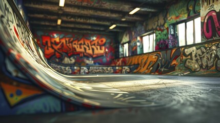 Skateboarding enthusiasts showcase their skills on vibrant half pipes and graffiti-adorned walls at Retro Active Skate Parks. - obrazy, fototapety, plakaty