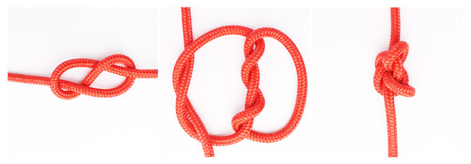 Tools, steps or how to tie knot on white background in studio for security or safety instruction....