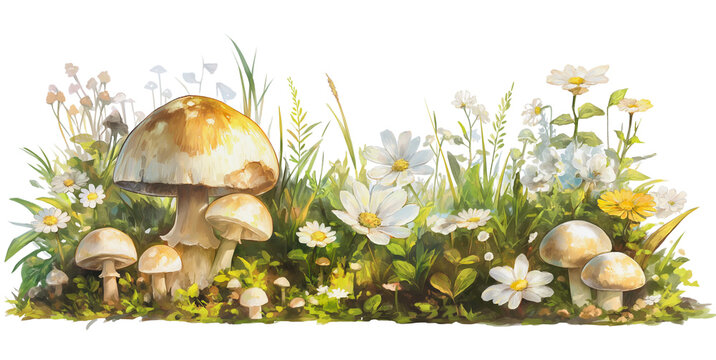 A beautiful mushroom illustration with a white background, suitable for backgrounds and websites. Image generated by AI