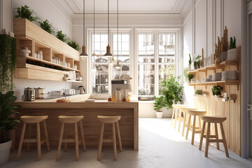 cafe interior design in pastel minimal style, Front view of coffee shop counter with bakery display and decoration plants. Blank blue wall panel, Morning sunlight, - Powered by Adobe