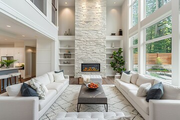 Beautiful modern living room interior with stone wall and fireplace in luxury home - Powered by Adobe