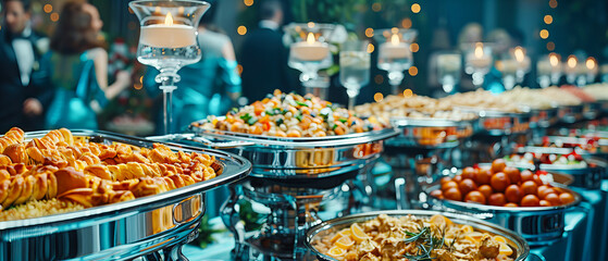 Lavish Buffet Setup for a Special Occasion, Showcasing an Array of Gourmet Dishes and Appetizers, Ideal for Celebratory Events - obrazy, fototapety, plakaty