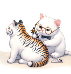An illustrated white cat with glasses gives a tiger stripe tattoo to another cat, creating a humorous and artistic image.