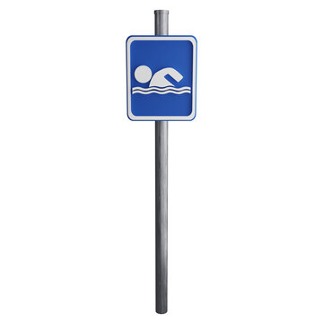 Swimming pool sign on the road clipart flat design icon isolated on transparent background, 3D render road sign and traffic sign concept