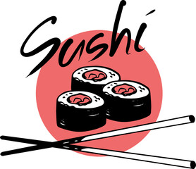 Vector sushi restaurant hand drawn logo with maki roll and lettering on red circle background © Tatyana