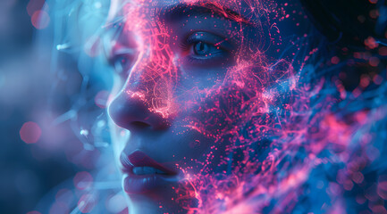 a close up of a woman s face with glowing particles coming out of it