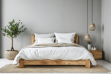 Bed and bedposts in modern bedroom
