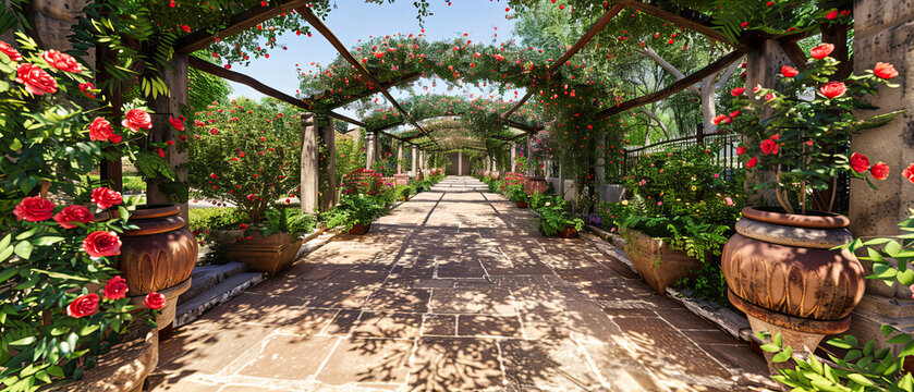 Lush Garden Pathway with Natural Arch, Perfect for Leisurely Strolls or Romantic Walks in a Serene Outdoor Setting