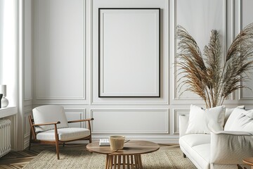 Black frame mockup in classic white interior with modern furniture