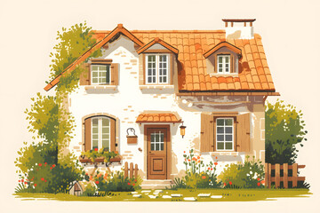 Watercolor French house with a red roof. The house has a garden with flowers and plants. - 781802504