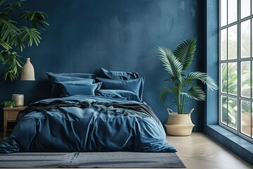 Blue bedroom interior for mockup, 3D rendering