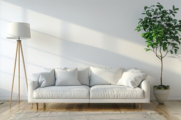Bright modern living room with white sofa, floor lamp and green plant on wooden laminate. Scandinavian style, cozy interior background. Bright stylish room mockup.