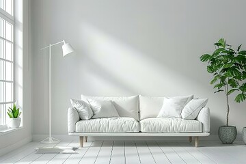 Bright modern living room with white sofa, floor lamp and green plant on wooden laminate. Scandinavian style, cozy interior background. Bright stylish room mockup.