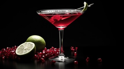 A glass of red drink with a lime wedge on top