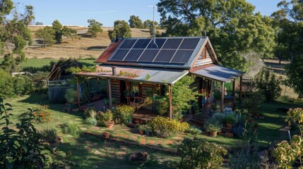 A quaint rural home with a rustic charm its roof lined with solar panels and a small garden nearby where the homeowners grow their . . - obrazy, fototapety, plakaty