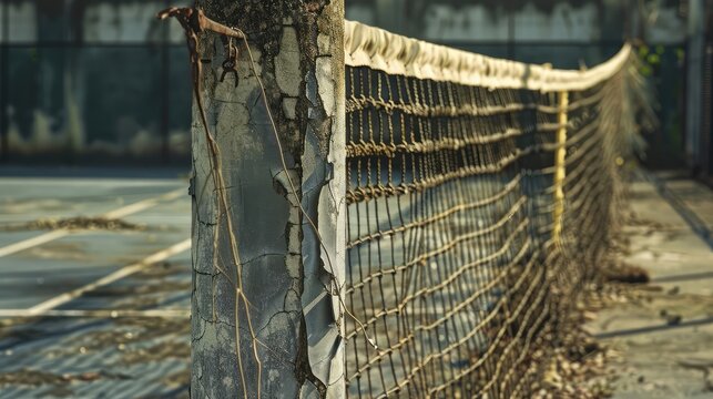 A dilapidated tennis net hanging loosely on weathered poles at an old tennis court, with cracked asphalt underfoot,