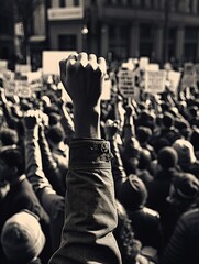 A crowd of people are protesting and one person is holding up a fist. Concept of unity and strength...