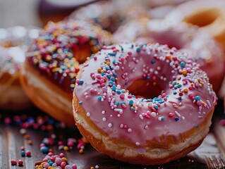 A row of colorful donuts with sprinkles on top. The donuts are arranged in a way that they look like they are ready to be eaten
