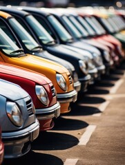 A row of cars are parked in a lot, with some of them being yellow and red. The scene is organized and orderly