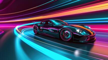 A black car is driving on a road with colorful streaks. The car is the main focus of the image, and the colors of the streaks create a sense of motion and excitement. Scene is energetic and dynamic - obrazy, fototapety, plakaty