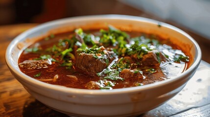 A bowl of red soup with green herbs and meat. The soup is full and has a rich color