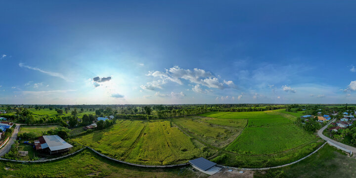 Panoramic bird's-eye view of rice fields and beautiful sky.