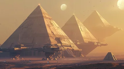 Foto op Canvas Egypt Reborn Hover-pyramids glow under the sun with the Sphinx guarding cyborg Pharaohs fields worked by robot farmers. © Boonanan