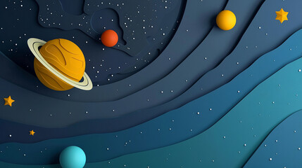 Solar system in 3D paper cut style, planets and stars in orbit,