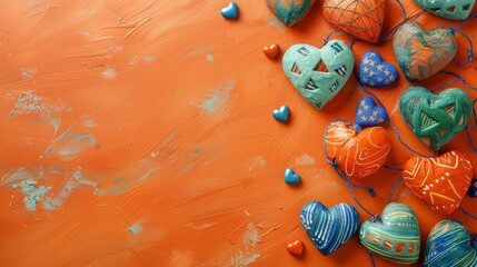   A collection of heart-shaped candies rests atop an orange background Blue and orange candies are positioned above them - obrazy, fototapety, plakaty