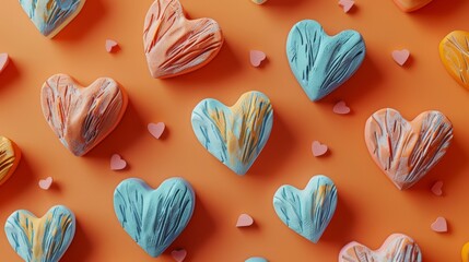   A group of heart-shaped cookies rests atop an orange table, near a heart-shaped cookie cutter - obrazy, fototapety, plakaty