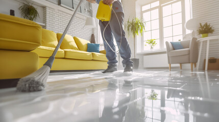 A close-up perspective of a person using a vacuum cleaner to clean up a spill onto a shiny tiled floor, next to a yellow couch in a bright living room - obrazy, fototapety, plakaty