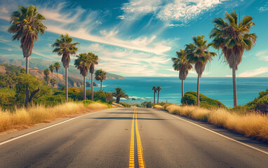 coastal highway leading directly to the sea - holiday road-trip promotion, travel vacation. - obrazy, fototapety, plakaty