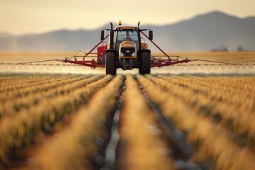 A tractor on the field waters the plants with pesticides.