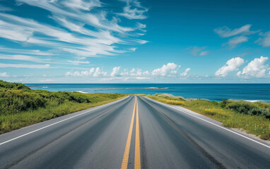 Fototapeta premium coastal highway leading directly to the sea - holiday road-trip promotion, travel vacation.