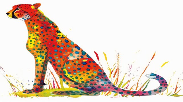  A cheetah painting in a field of tall grass with multicolored dot-studded blades