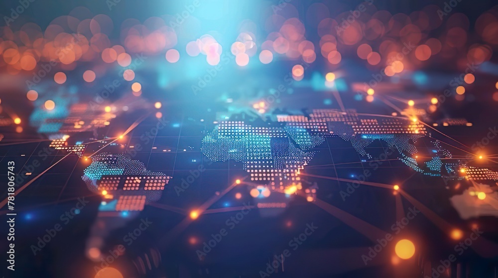 Poster digital map of the world with glowing connections between cities, representing global connectivity a
