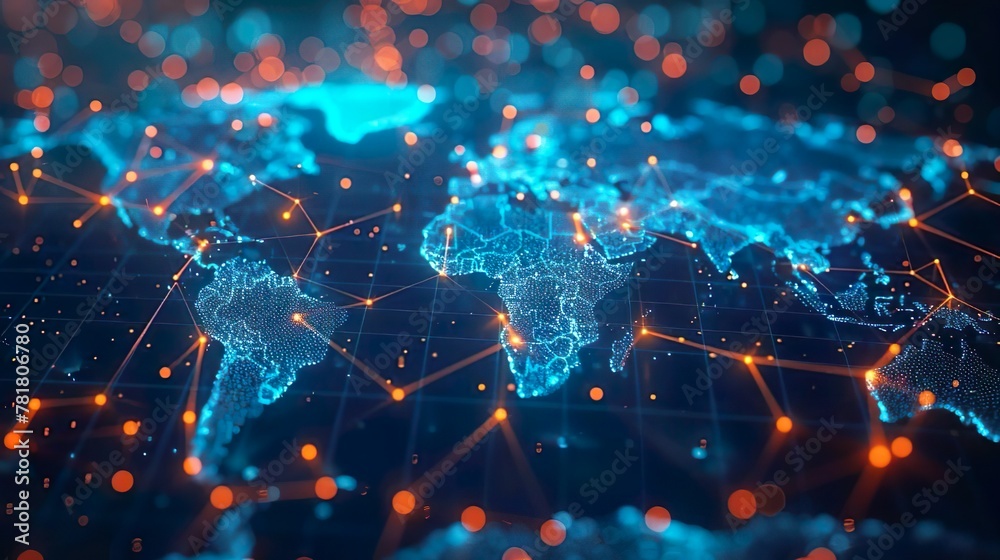 Poster digital map of the world with glowing connections between cities, representing global connectivity a