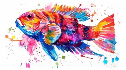   A colorful fish, painted in watercolor, swims against a white background Beneath it, a splash of paint adds texture and depth to the image's bottom