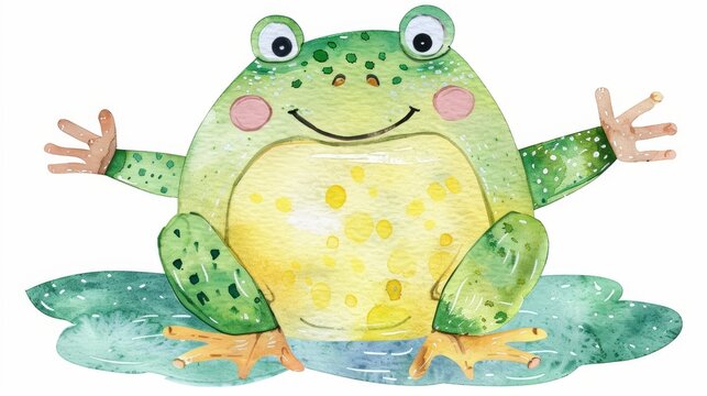  Green frog sits on a lily pad, eyes widened, grinning face