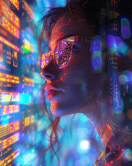  Cyberpunk cityscape, neon lights, a digital archaeologist examining a virtual time capsule showcasing the evolution of social media platforms Photography, Backlights, Double Exposure - obrazy, fototapety, plakaty