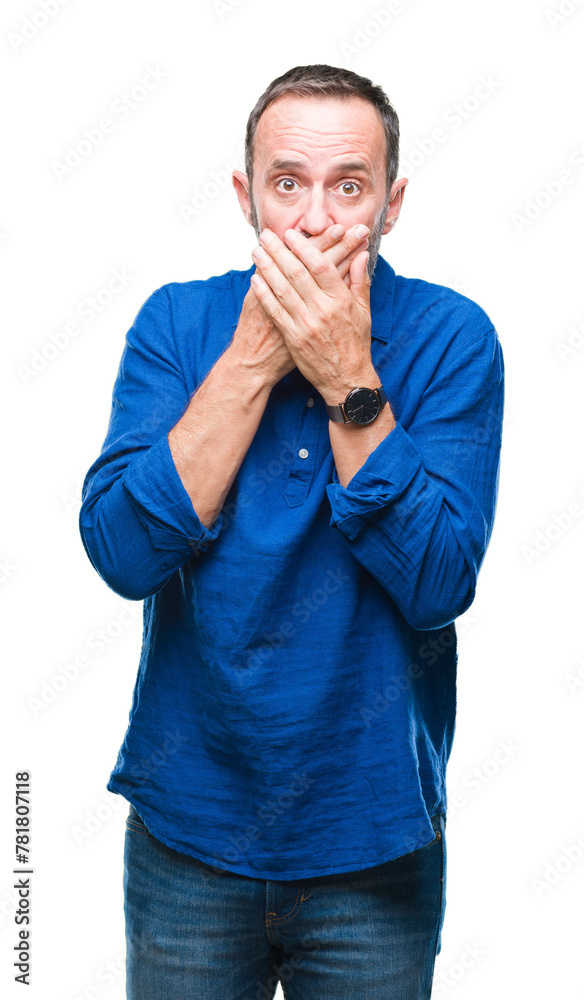 Poster Middle age hoary senior man over isolated background shocked covering mouth with hands for mistake. Secret concept.