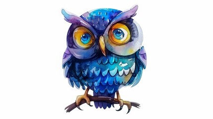  Owl on branch Blue-purple feathers, yellow beak, yellow eyes