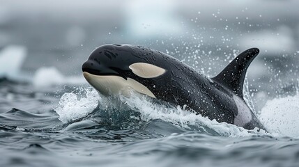 Naklejka premium Orca floating above the surface of the water at the Arctic Circle.