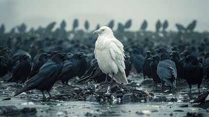 stand out in the crowd From the concept of white crows in a large flock of black crows - obrazy, fototapety, plakaty
